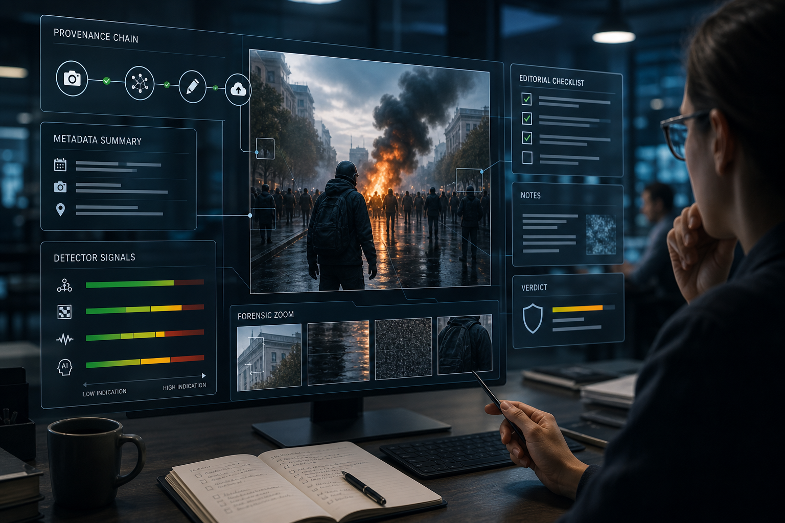 Editorial illustration for verifying suspicious AI images after provenance updates